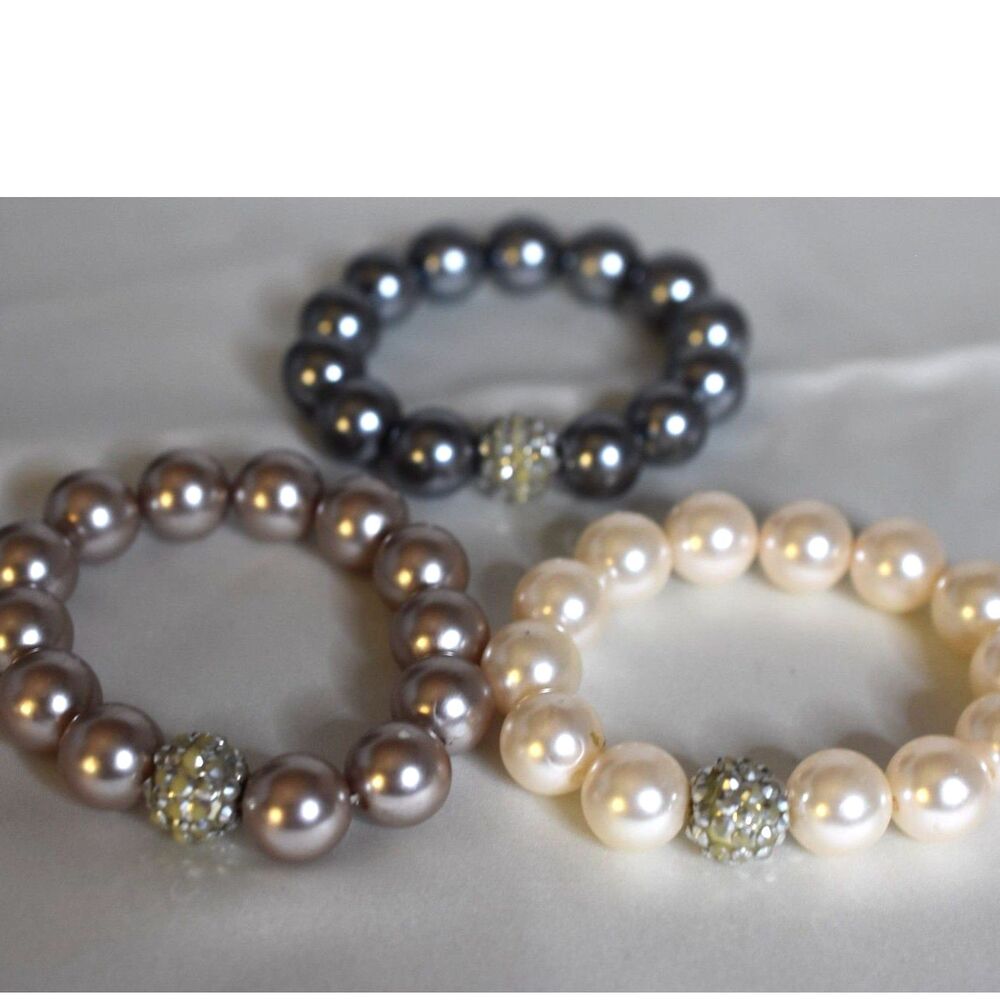 Bridal Party Glam 3 Large Faux Pearl Pave Chrystal Ball 6.5 Stretch Bracelets